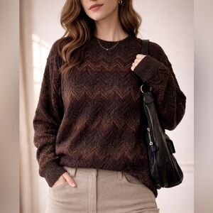 Vintage 90s Towncraft Chevron Knit Sweater Size L Brown Earthenware Grandpa